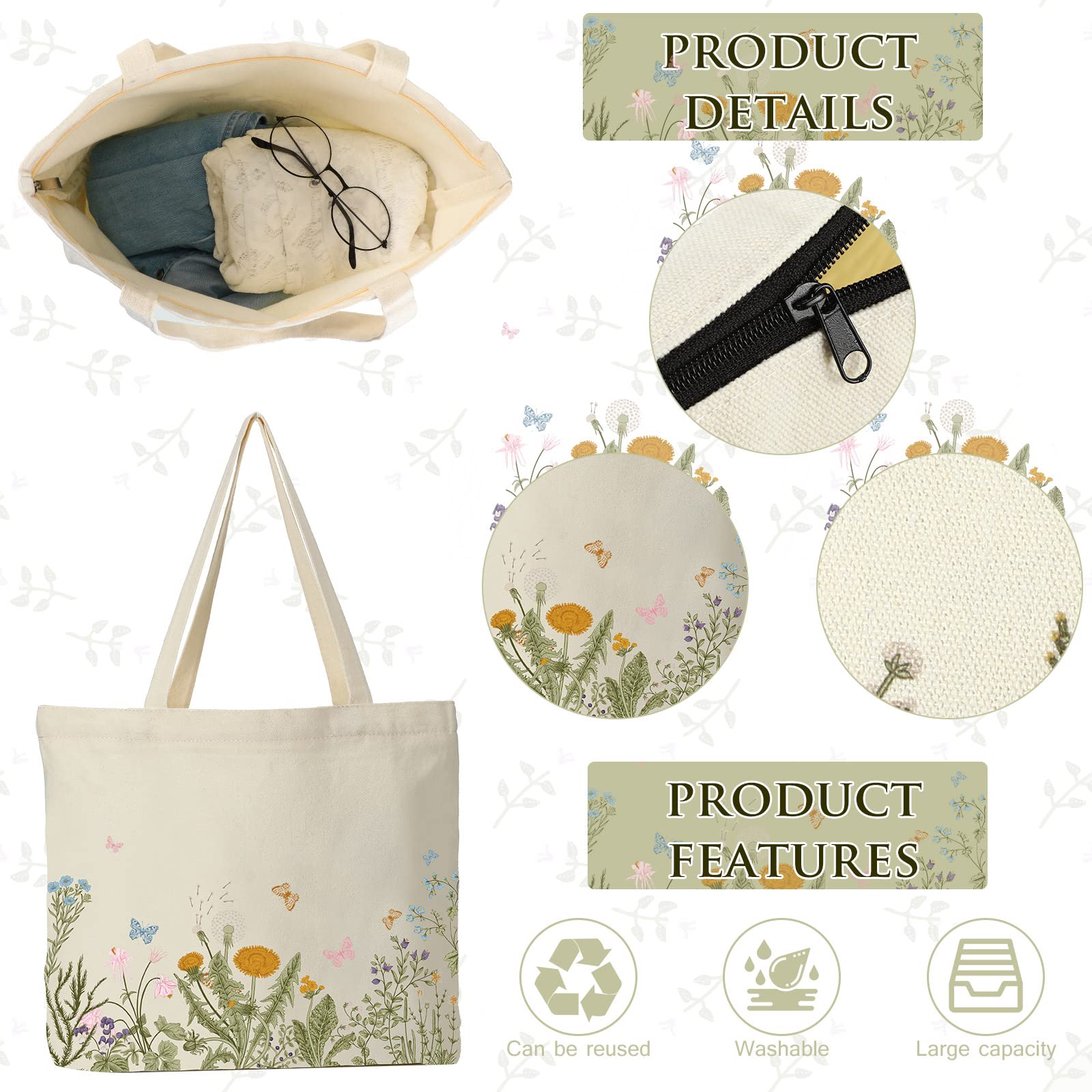 Sadnyy 2 Pcs Wildflower Canvas Tote Bags For Women Cute Aesthetic Floral Makeup Bags Valentine Gift For Teacher Coworker Travel